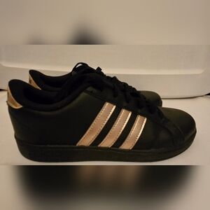 Adidas Black Sneakers with Gold Stripes, Brand New, Youth Size 4.5